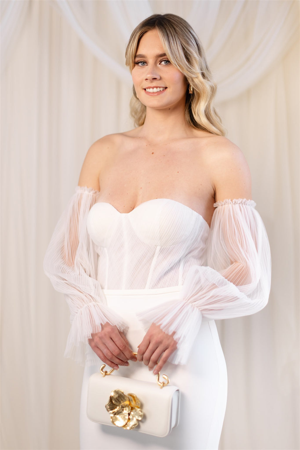 Aje Alessa Flower White and Gold Flower Clutch HIRE