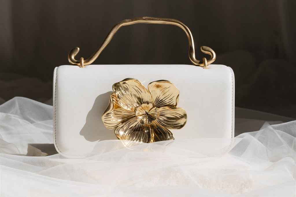 Aje Alessa Flower White and Gold Flower Clutch HIRE