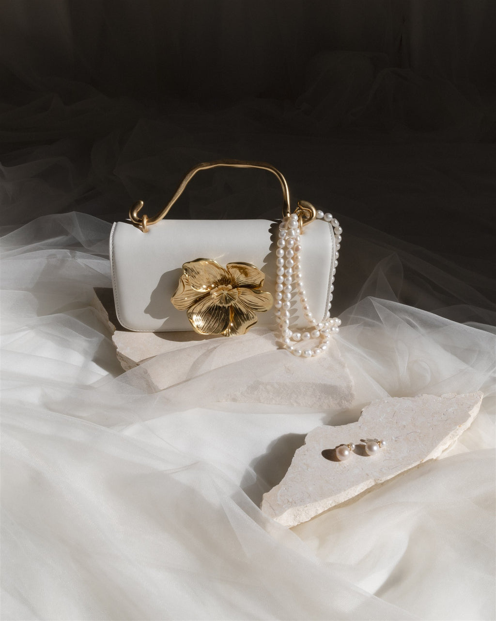 Aje Alessa Flower White and Gold Flower Clutch HIRE