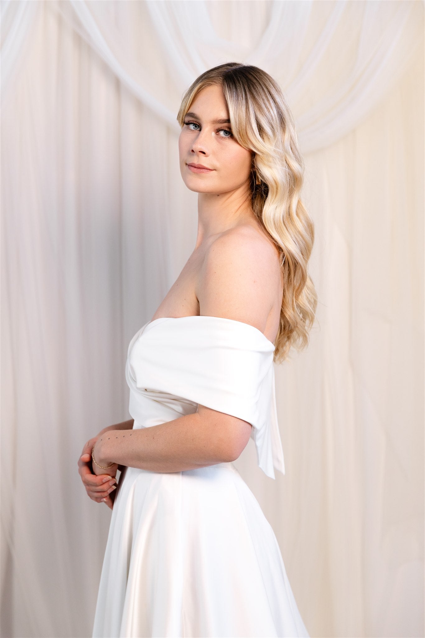 Stretch Satin off the shoulder Giovanna Alessandro gown RL24250