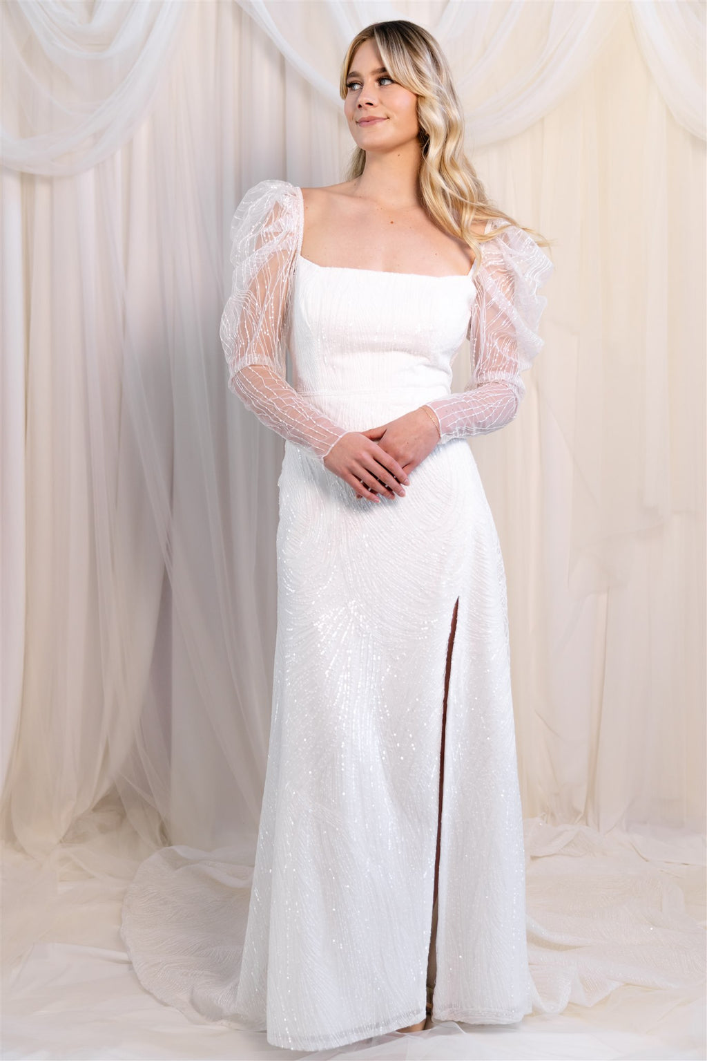 Jane Hill Saint Beaded Puff Sleeve Gown