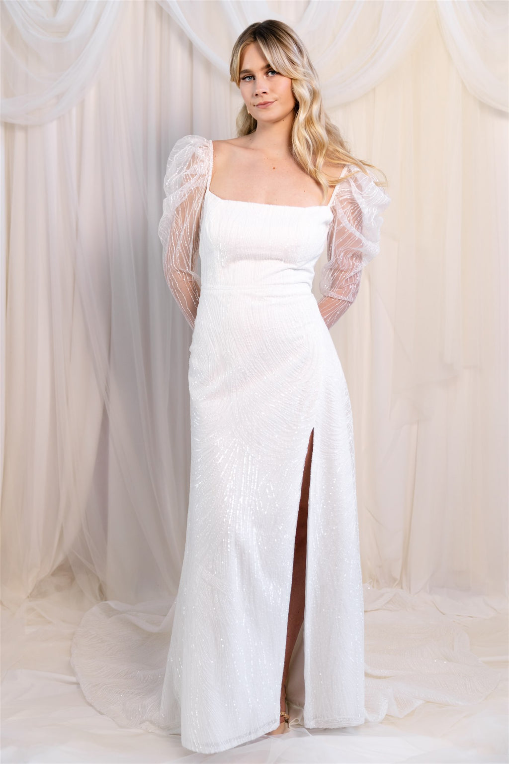 Jane Hill Saint Beaded Puff Sleeve Gown